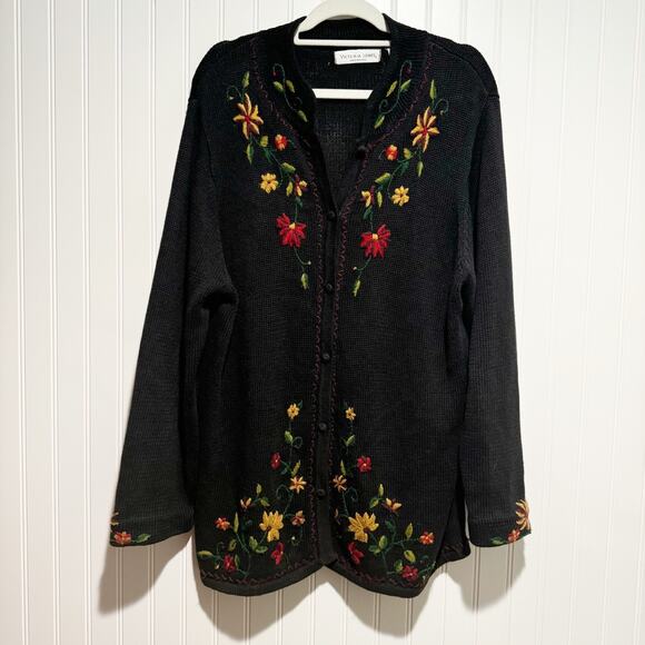 Victoria Jones Woman Sweaters - Vintage Victoria Jones Black Floral Embroidered Cardigan Sweater Size 1X